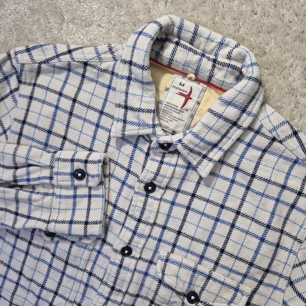 Relwen Blanket Flannel Button Up Shirt Mens Medium Slim Blue Tartan Outdoor Work